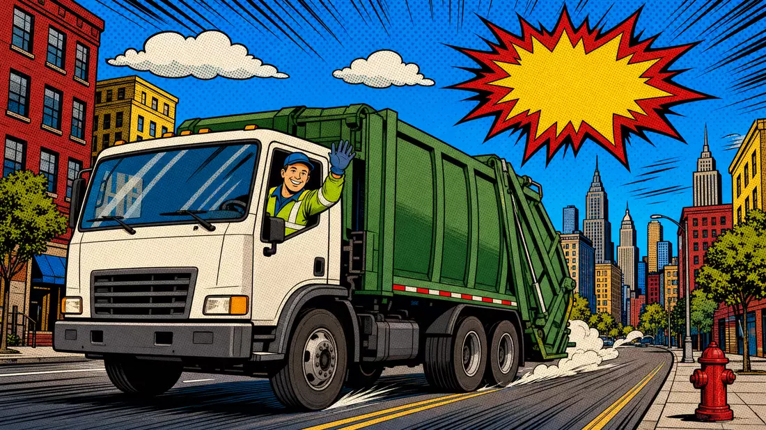 Pop-Art-Comic-Illustration eines unmarkierten grünen Müllwagens in der Stadt