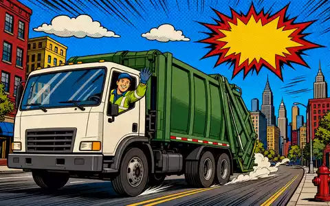 Republic Services (ISIN US76075R1059) zeigt ein Pop-Art-Comic mit fröhlichem Fahrer in unmarkiertem grünen Müllwagen - Foto: THN