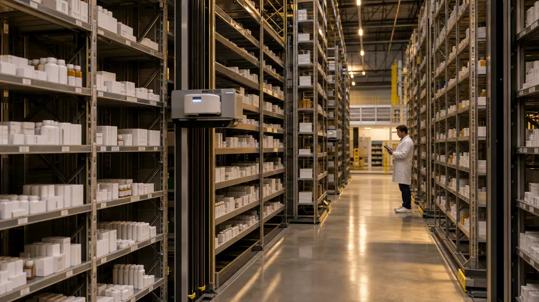 Automatisiertes Apotheken-Lager mit Robotersystem und unbeschrifteten Medikamentenboxen
