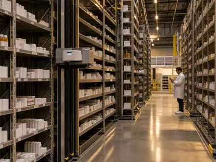 Redcare Pharmacy (Shop Apoth), ISIN NL0012044747, zeigt automatisiertes Apotheken-Lager mit Roboter-Regalsystem und markenfreien Medikamentenschachteln - Foto: THN