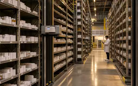 Redcare Pharmacy (Shop Apoth), ISIN NL0012044747, zeigt automatisiertes Apotheken-Lager mit Roboter-Regalsystem und markenfreien Medikamentenschachteln - Foto: THN