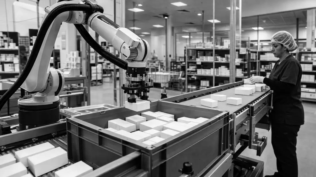Schwarzweiß-Reportagefoto einer Roboterarm-Kommissionierung von Medikamentenschachteln