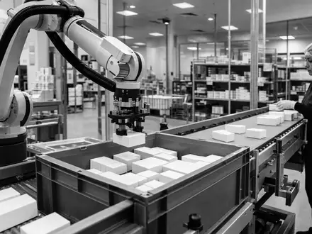 Redcare Pharmacy (Shop Apoth), ISIN NL0012044747, dokumentiert Roboter-Kommissionierung unbeschrifteter Medikamentenschachteln im Versandlager - Foto: THN