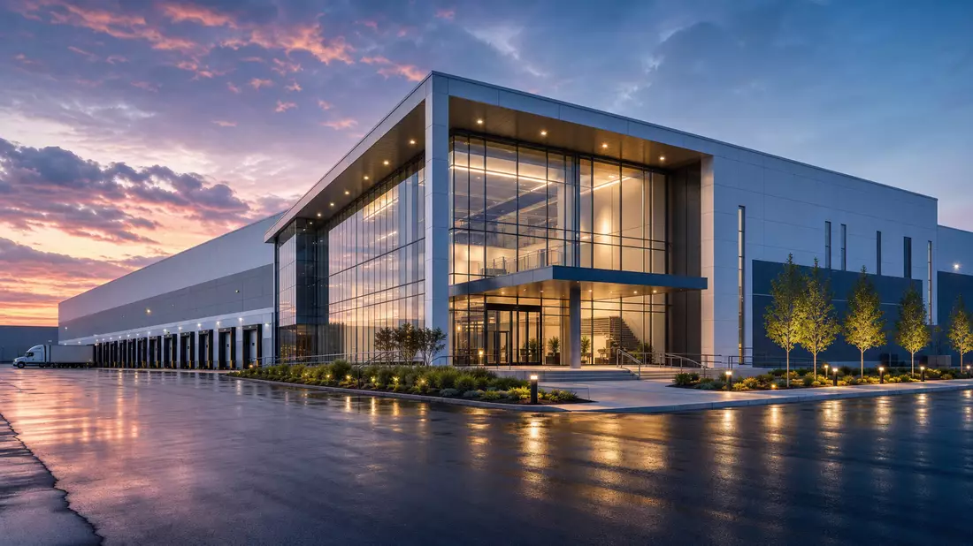Architektur-Render eines modernen Pharma-Verteilzentrums mit Glasfassade in der Dämmerung