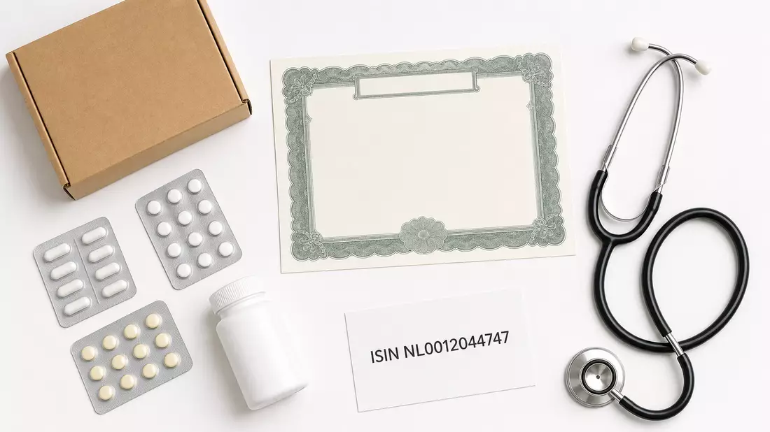 Flatlay mit Aktienzertifikat, ISIN-Karte, Pillenblistern und Stethoskop von oben