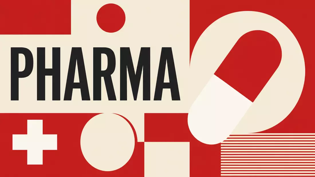 Geometrisches Bauhaus-Poster mit Pillenformen, Kreuzsymbol und dem Wort PHARMA