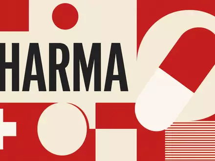 Redcare Pharmacy (Shop Apoth), ISIN NL0012044747, gestaltet Bauhaus-Poster mit Pillenformen, Kreuzsymbol und Schriftzug PHARMA - Foto: THN
