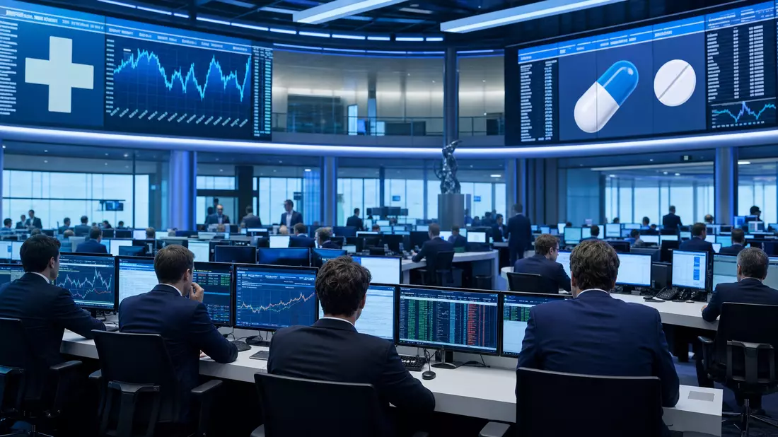 Editorialfoto eines Trading-Floors mit Aktiencharts und Pharma-Sektorsymbolen auf Bildschirmen