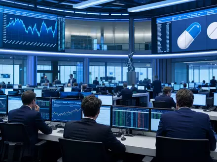 Redcare Pharmacy (Shop Apoth), ISIN NL0012044747, dokumentiert Trading-Floor der AEX mit Pharma-Sektorcharts auf Großbildschirmen - Foto: THN