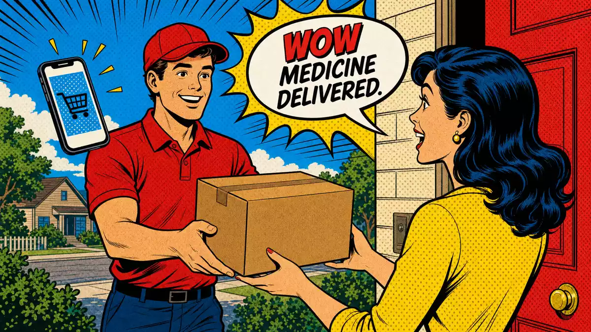 Pop-Art-Comic-Szene mit Zustellung eines unbeschrifteten Pakets an der Haustür