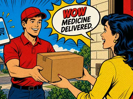 Redcare Pharmacy (Shop Apoth), ISIN NL0012044747, inszeniert Pop-Art-Comic-Szene mit Zustellung eines markenfreien Medikamentenpakets - Foto: THN