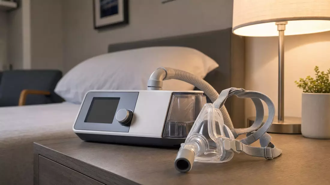 Unbranded CPAP-Gerät mit Atemmaske und Schlauch auf einem Nachttisch im Schlafzimmer