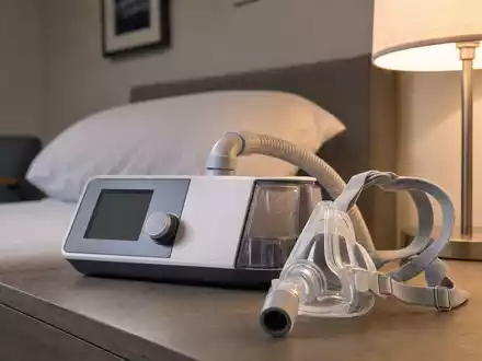 ResMed Inc. (ISIN US7611521078): generisches CPAP-Atemgerät mit Maske und Schlauch steht auf einem Nachttisch - Foto: THN