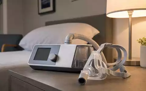 ResMed Inc. (ISIN US7611521078): generisches CPAP-Atemgerät mit Maske und Schlauch steht auf einem Nachttisch - Foto: THN