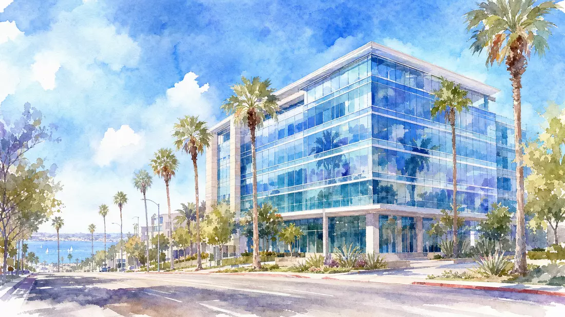 Aquarellmalerei eines gläsernen Bürogebäudes mit Palmen in San Diego