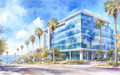 ResMed Inc. (ISIN US7611521078): Aquarell-Illustration zeigt ein modernes Bürogebäude mit Palmen in San Diego - Foto: THN