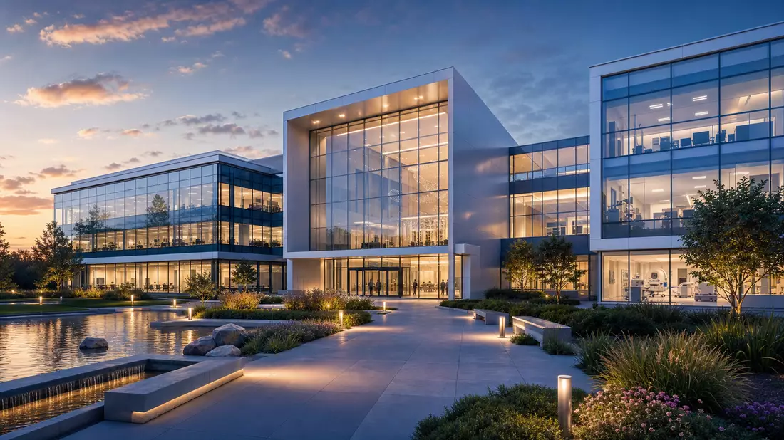 3D-Architekturvisualisierung eines gläsernen Firmensitzes mit Teich bei Abenddämmerung