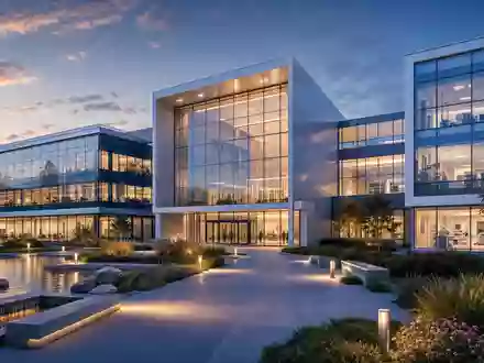 ResMed Inc. (ISIN US7611521078): architektonisches Render zeigt einen modernen Medizintechnik-Firmensitz mit Glasfassade bei Dämmerung - Foto: THN