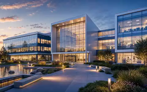 ResMed Inc. (ISIN US7611521078): architektonisches Render zeigt einen modernen Medizintechnik-Firmensitz mit Glasfassade bei Dämmerung - Foto: THN