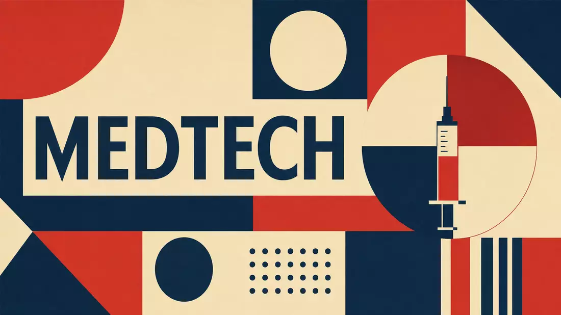 Geometrisches Bauhaus-Poster mit Formen und dem Text MEDTECH in Rot und Blau