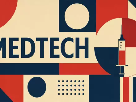 ResMed Inc. (ISIN US7611521078): geometrisches Bauhaus-Poster präsentiert den Sektor-Schriftzug MEDTECH mit kräftigen Formen - Foto: THN