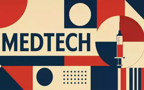 ResMed Inc. (ISIN US7611521078): geometrisches Bauhaus-Poster präsentiert den Sektor-Schriftzug MEDTECH mit kräftigen Formen - Foto: THN
