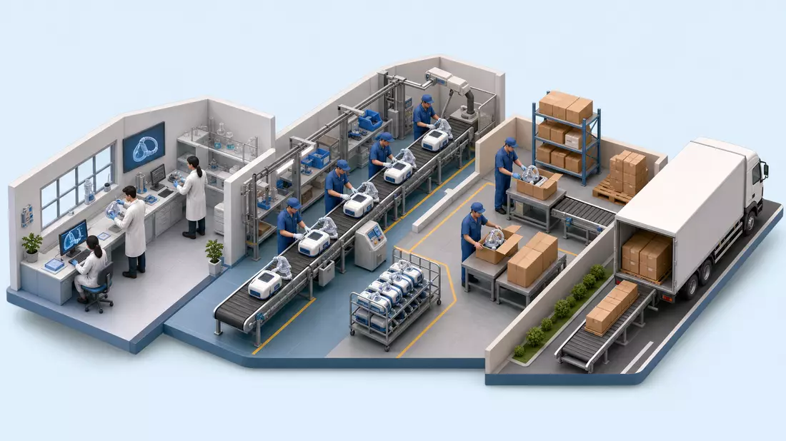 Isometrische 3D-Illustration von Labor, Fertigungslinie und Versand medizinischer Geräte
