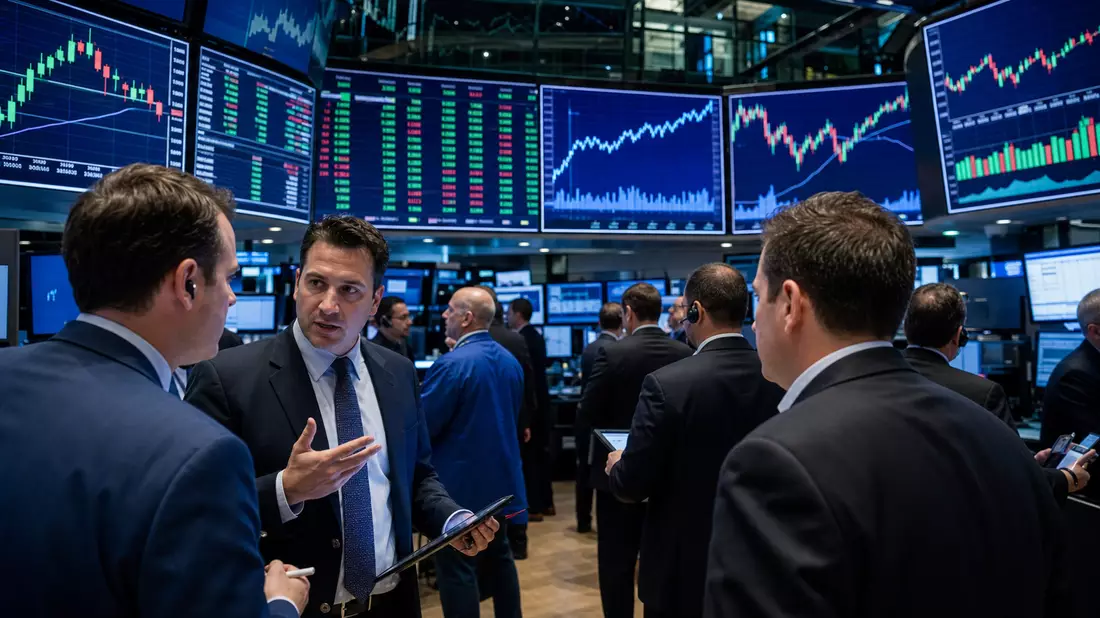Trading-Floor mit großen Bildschirmen und Kursdiagrammen sowie diskutierenden Händlern