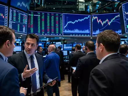 ResMed Inc. (ISIN US7611521078): Börsen-Editorialfoto zeigt einen belebten Trading-Floor mit Medizintechnik-Aktiencharts auf großen Bildschirmen - Foto: THN
