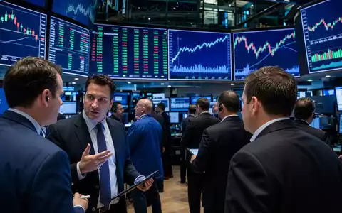 ResMed Inc. (ISIN US7611521078): Börsen-Editorialfoto zeigt einen belebten Trading-Floor mit Medizintechnik-Aktiencharts auf großen Bildschirmen - Foto: THN