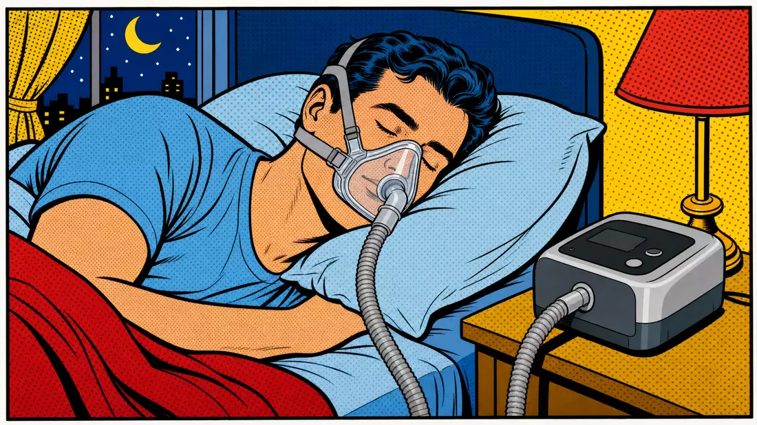 Pop-Art-Comic einer schlafenden Person mit Atemmaske und Atemtherapiegerät am Bett