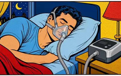 ResMed Inc. (ISIN US7611521078): farbenfrohe Pop-Art-Comicszene zeigt eine schlafende Person mit Atemmaske und Therapiegerät - Foto: THN