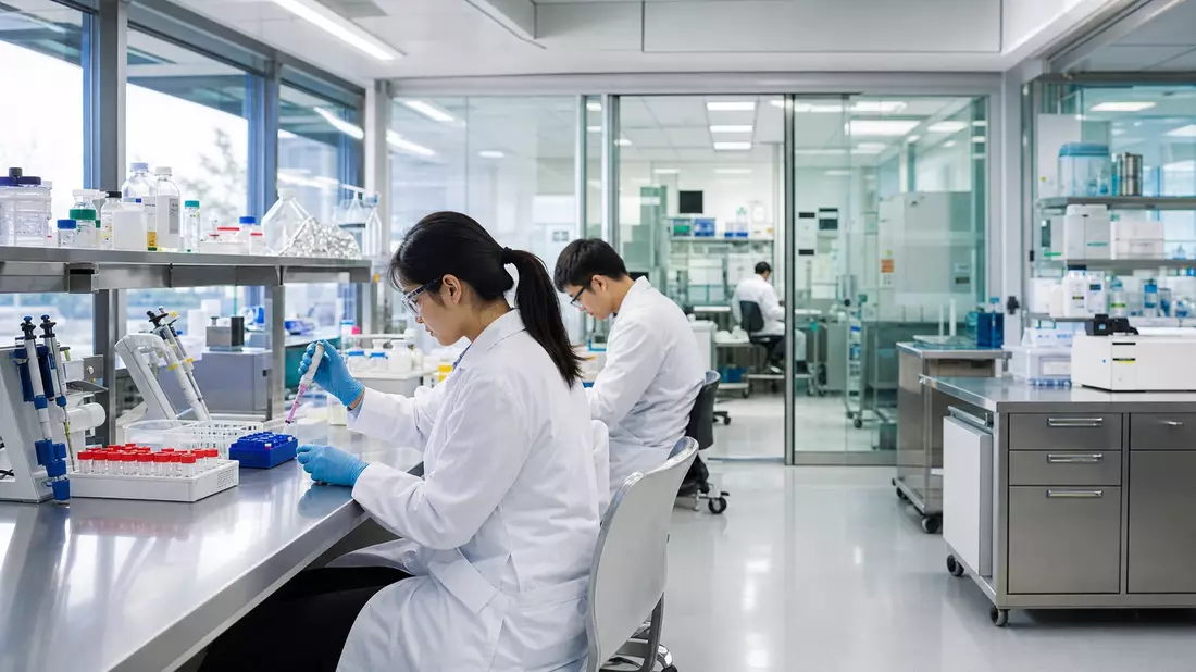 Fotorealistisches Biotech-Labor mit Forschern und Pipetten an sterilen Arbeitsplätzen
