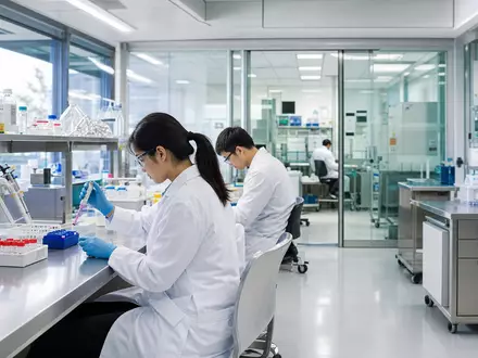 Regeneron Pharma US75886F1075 zeigt ein fotorealistisches Biotech-Labor mit Forschern bei sorgfältigen Pipettierarbeiten am sterilen Steriltisch - Foto: THN