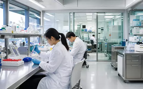 Regeneron Pharma US75886F1075 zeigt ein fotorealistisches Biotech-Labor mit Forschern bei sorgfältigen Pipettierarbeiten am sterilen Steriltisch - Foto: THN