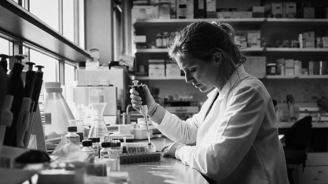 Schwarzweiß-Dokumentarfoto einer Wissenschaftlerin bei der Laborarbeit mit Pipette