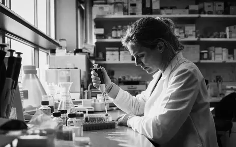 Regeneron Pharma US75886F1075 illustriert eine dokumentarische Schwarzweiß-Reportage einer Wissenschaftlerin bei konzentrierter Antikörper-Laborarbeit im Forschungsraum - Foto: THN