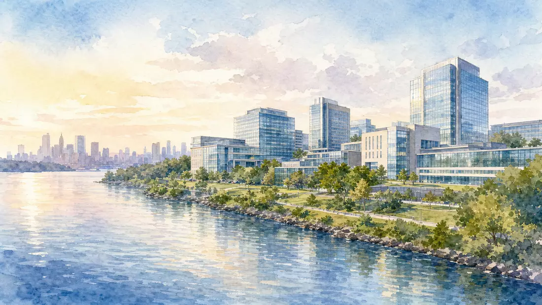 Aquarellmalerei eines modernen Forschungscampus mit Glastürmen am Flussufer
