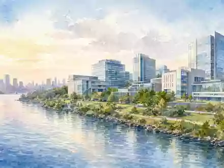 Regeneron Pharma US75886F1075 präsentiert eine stimmungsvolle Aquarell-Ansicht eines modernen Forschungscampus entlang eines ruhigen Flussufers - Foto: THN