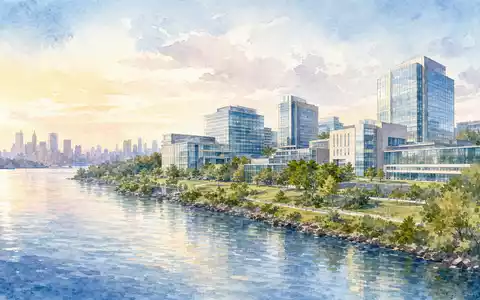 Regeneron Pharma US75886F1075 präsentiert eine stimmungsvolle Aquarell-Ansicht eines modernen Forschungscampus entlang eines ruhigen Flussufers - Foto: THN