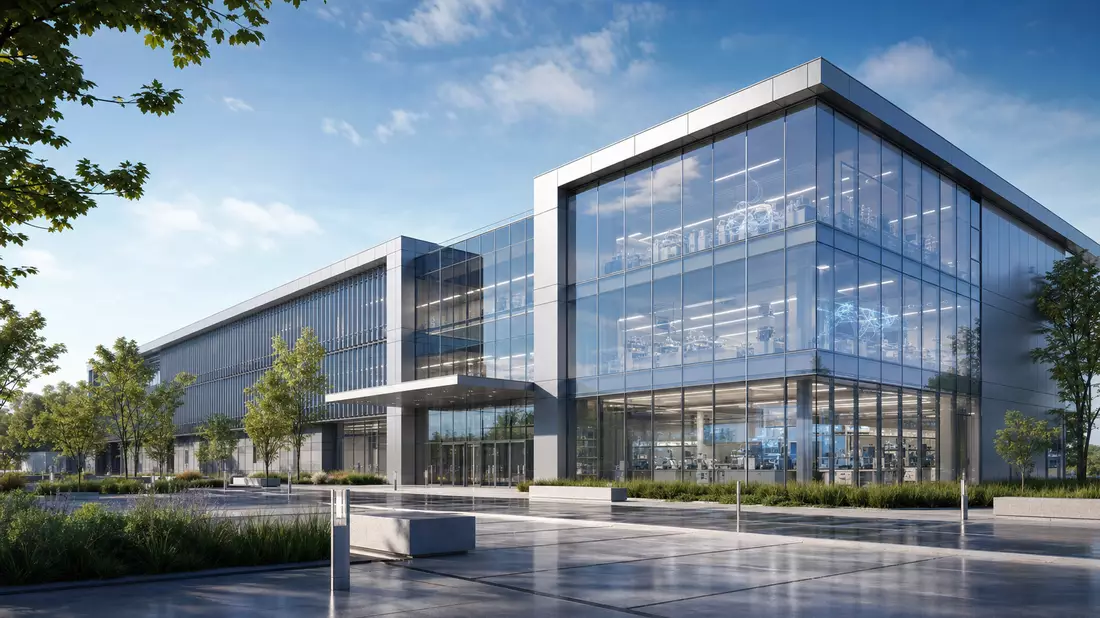 Architektur-Render eines modernen Glas- und Stahl-Forschungsgebäudes mit Vorplatz