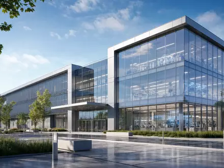 Regeneron Pharma US75886F1075 zeigt ein architektonisches 3D-Render eines modernen Glas-Forschungsgebäudes mit gepflegten Grünflächen davor - Foto: THN