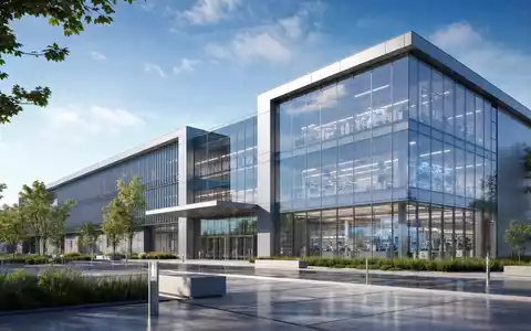 Regeneron Pharma US75886F1075 zeigt ein architektonisches 3D-Render eines modernen Glas-Forschungsgebäudes mit gepflegten Grünflächen davor - Foto: THN