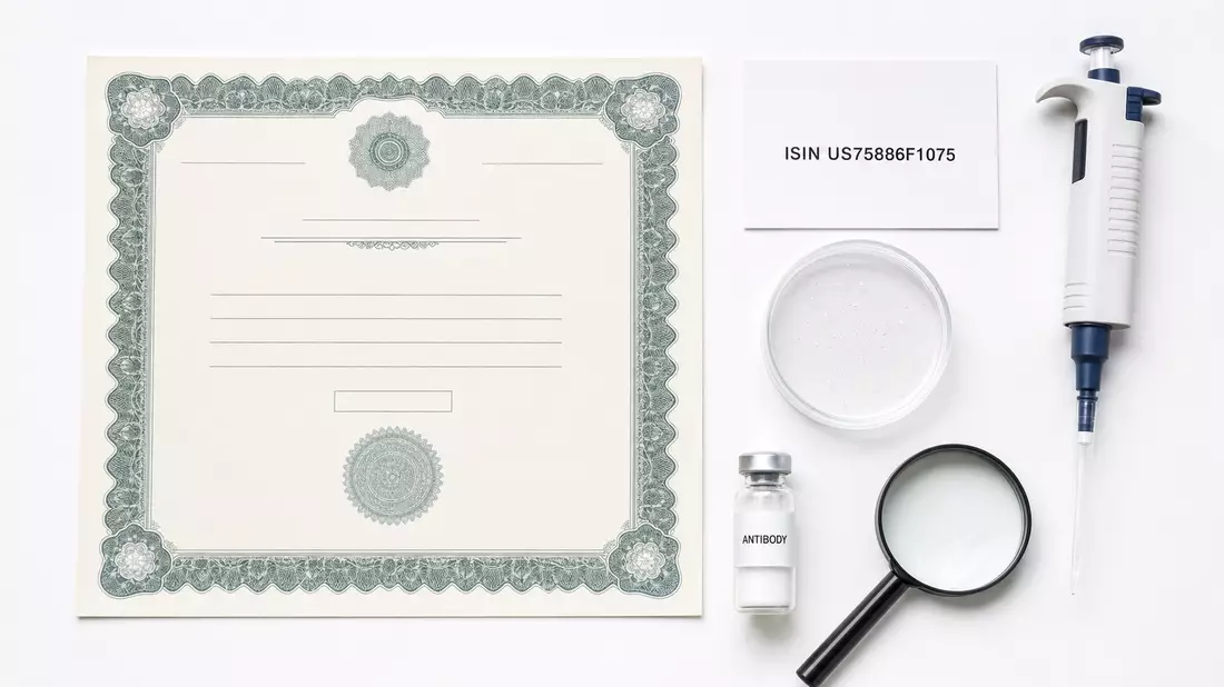 Flatlay mit Aktienzertifikat, ISIN-Karte, Pipette und Laborutensilien von oben fotografiert