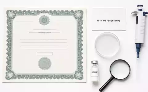 Regeneron Pharma US75886F1075 kombiniert in einem Flatlay Aktienzertifikat, ISIN-Karte, Pipette sowie kleine Antikörper-Fläschchen übersichtlich - Foto: THN