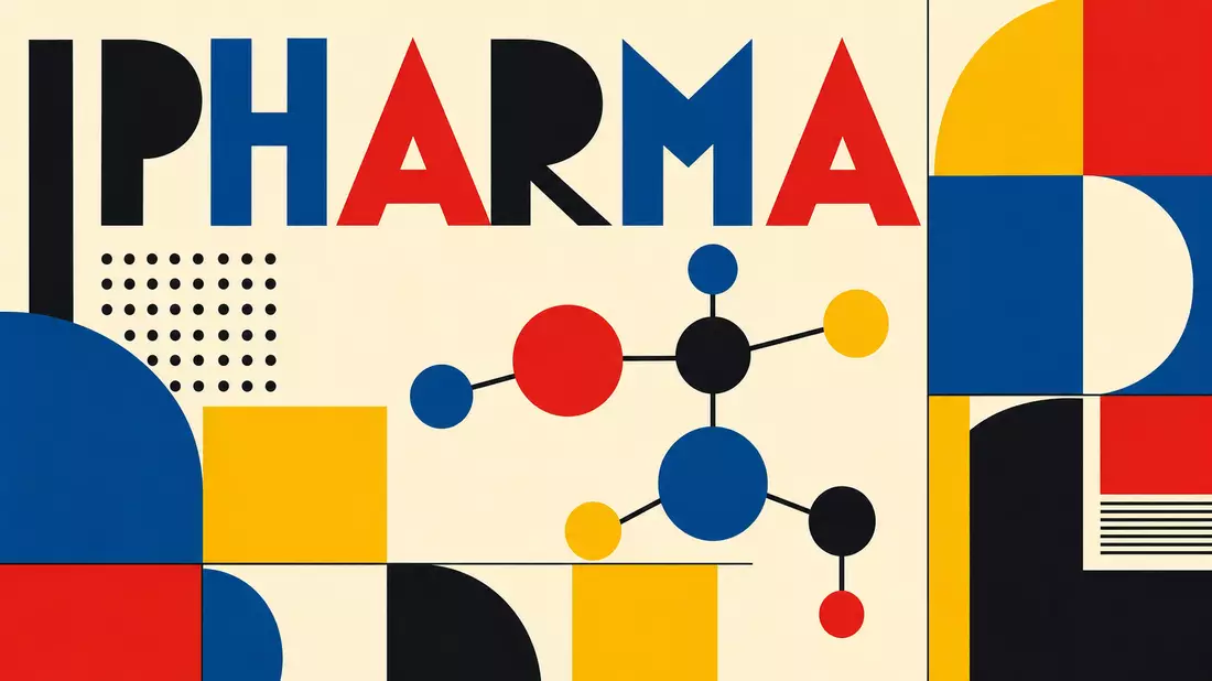 Geometrisches Bauhaus-Poster mit Molekülformen und dem Wort PHARMA in Primärfarben