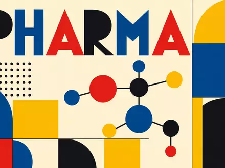 Regeneron Pharma US75886F1075 verwendet ein Bauhaus-Poster mit geometrischen Formen, Molekülmotiven und großem Schriftzug PHARMA - Foto: THN