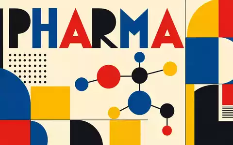 Regeneron Pharma US75886F1075 verwendet ein Bauhaus-Poster mit geometrischen Formen, Molekülmotiven und großem Schriftzug PHARMA - Foto: THN