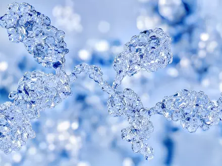 Regeneron Pharma US75886F1075 fokussiert eine detailreiche Makroaufnahme einer transparenten Antikörper-Proteinstruktur mit feinen Lichtreflexen - Foto: THN