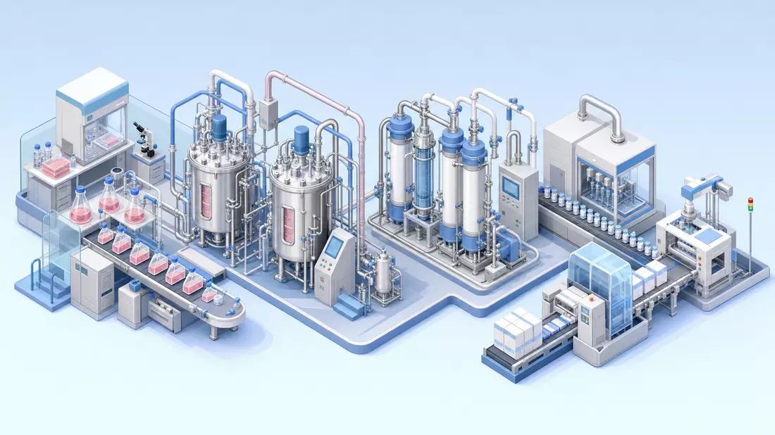 Isometrische 3D-Illustration einer Bioreaktor- und Zellkultur-Prozesskette in Pastellfarben